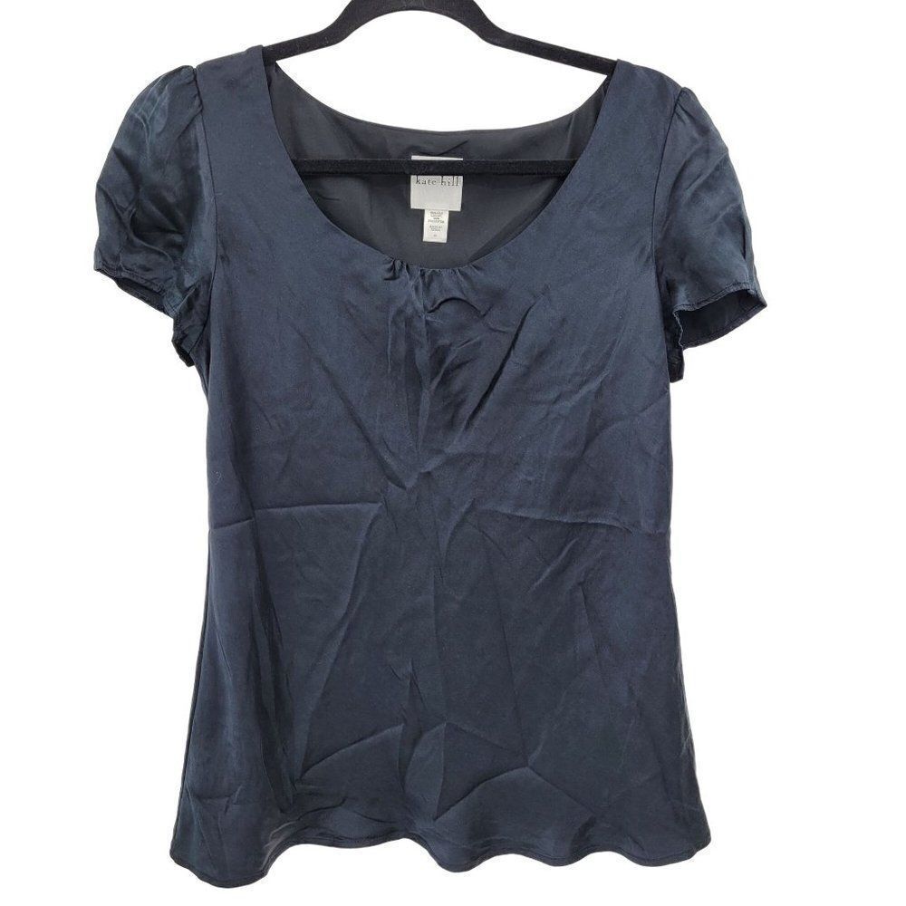 Kate Hill 100% Silk Blouse 10 Black Pleated Scoop Neck Short‎ Puff Sleeve Modest
